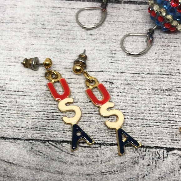 Bundle lot 3 patriotic USA red white blue earrings dangle drop rhinestone enamel - Picture 3 of 4
